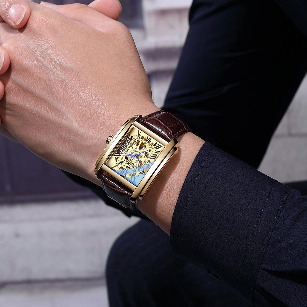 CHENXI reloj mecánico automático de los hombres Correa cuadrada hueco transparente inferior casual reloj 8816