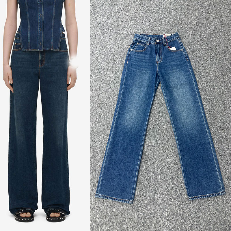 Mcqueen Straight Jeans for Women Blue High Waist Slim Loose Wide Leg Pants for Women 2025 Autumn and Winter Factory Direct Sales