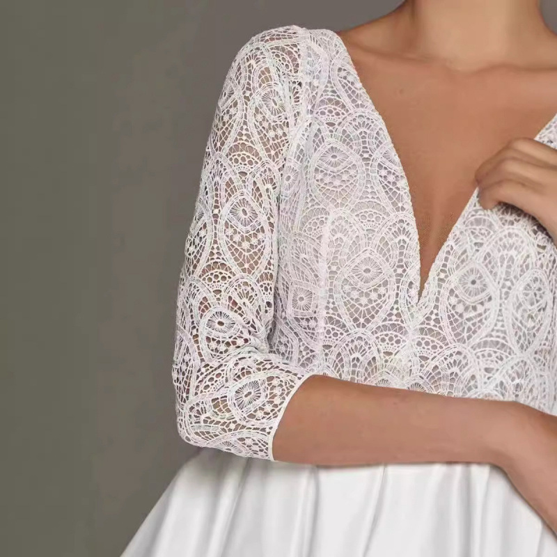 2025 nuevo vestido de novia europeo y americano en V profundo vestido de Amazon manga color sólido moda encaje novia boda primavera