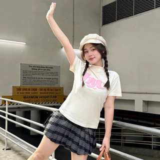 美式辣妹发泡印花圆领正肩短袖T恤女2025夏新款修身百搭小众上衣