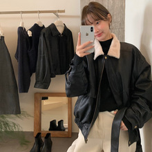 韩版翻领加绒皮衣外套女冬季加厚保暖港风时尚短款机车服PU皮夹克
