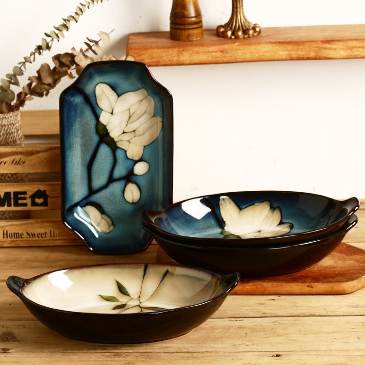 Flor pintada a mano de cerámica plato de pescado grande horno cambio creativo Placa de doble oreja hogar plato profundo bajo vidriado color a juego plato de sushi grande