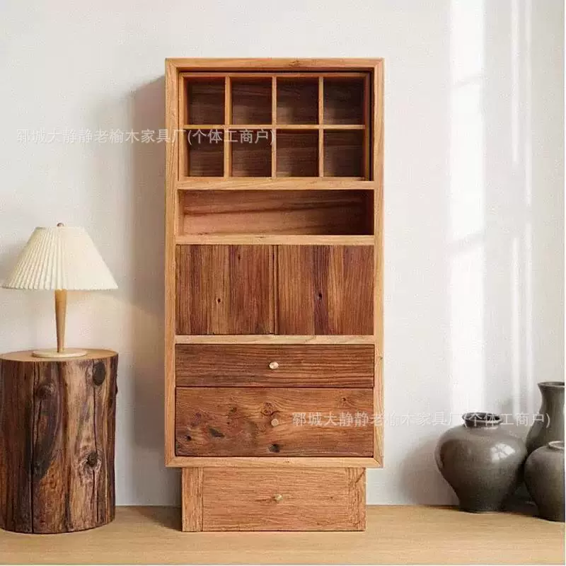侘寂风餐边柜立柜茶柜收纳民宿老榆木展示柜实木多宝储物博古架