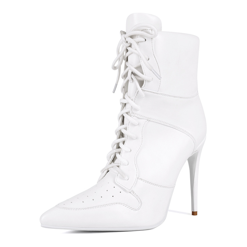 European and American Sexy Export Cross-Border Sports Lace-Up Pointed Toe Stiletto Heels Large Size 44 White Women's Fashion Short Boots Boots European and American Sexy Export Cross-Border Sports Lace-Up Pointed Toe Stiletto Heels Large Size 44 White Women's Fashion Short Boots Boots
