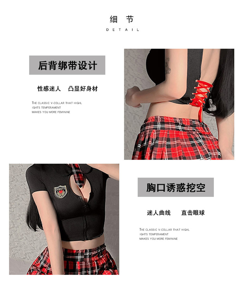 British College Style Student Uniform Costume Set with Plaid Skirt, Tie and Stockings — detail image 3