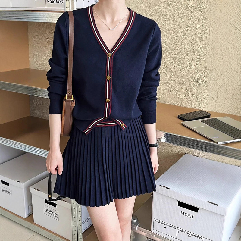 韩版学院风V领针织开衫外套+灰色百褶半身裙JK制服套装女两件套|undefined