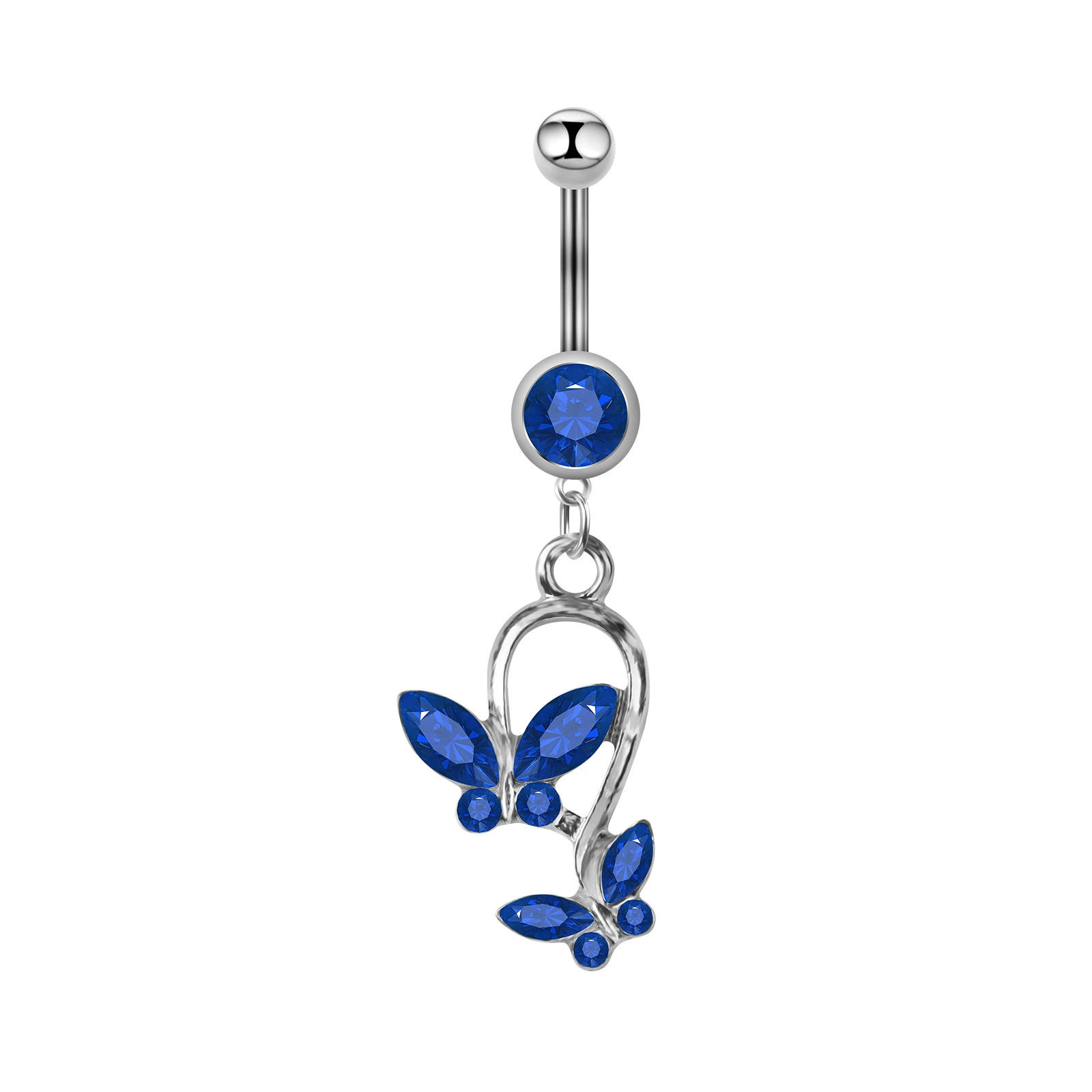 Belly Button Ring, Butterfly Dangle, 316L Surgical Steel Bar, 1.6×11 mm, Crystal Inlay