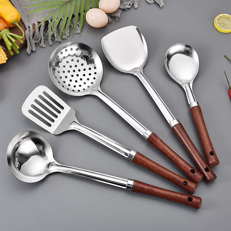 炒菜铲五件套不锈钢厨具套装  漏勺木汤勺烹饪工具木柄锅铲批发