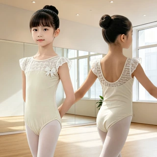 芭蕾形体服儿童女舞蹈服短飞袖蕾丝拼接体操连体服基训练功舞服