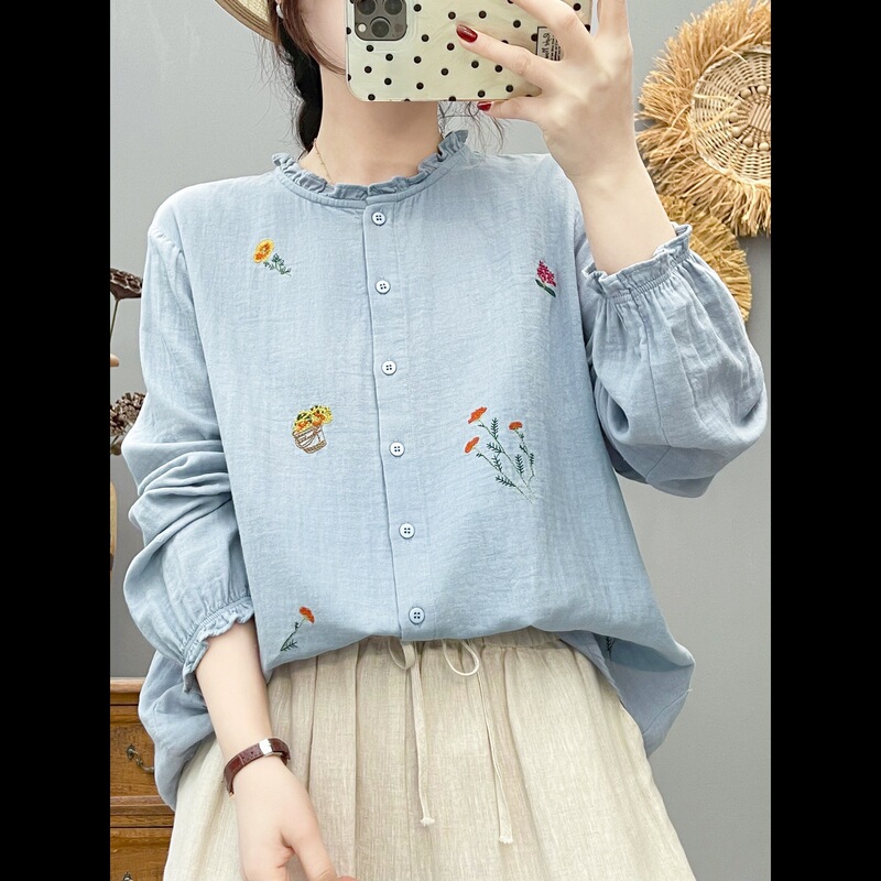 Forest-Style Artistic Embroidered Ruffle Collar Shirt for Women, Long-Sleeved, Soft, Skin-Friendly, Breathable, Loose-Fitting Cotton-Linen Embroidered Cotton Gauze T-Shirt Forest-Style Artistic Embroidered Ruffle Collar Shirt for Women, Long-Sleeved, Soft, Skin-Friendly, Breathable, Loose-Fitting Cotton-Linen Embroidered Cotton Gauze T-Shirt