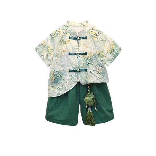 Children's Summer Thin Hanfu Chinese Style Traditional Costume Tangzhuang Birthday Party Outfit for Little Boys