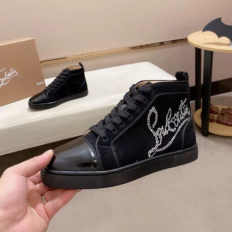 Rhinestone High-Top Trendy New Red-Soled Men's Shoes Genuine Leather Fashion Lace-Up Casual Sneakers Sports Short Boots