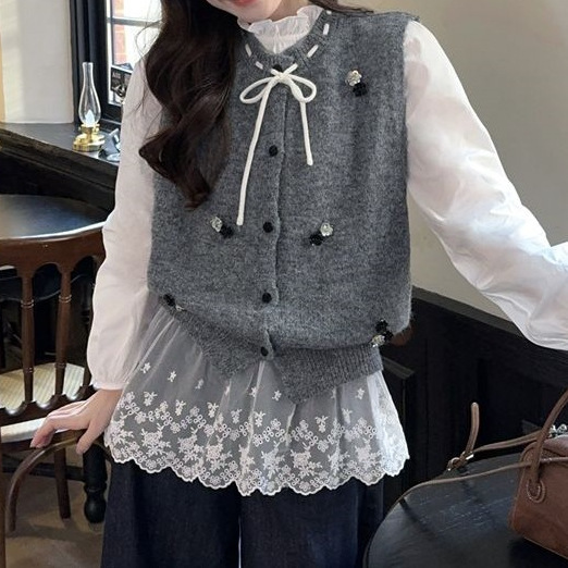 Dopamine Korean-Style Knitted Sweater Vest for Women with Lace Splicing Long-Sleeve Shirt, Complete New Year Outfit Top Dopamine Korean-Style Knitted Sweater Vest for Women with Lace Splicing Long-Sleeve Shirt, Complete New Year Outfit Top