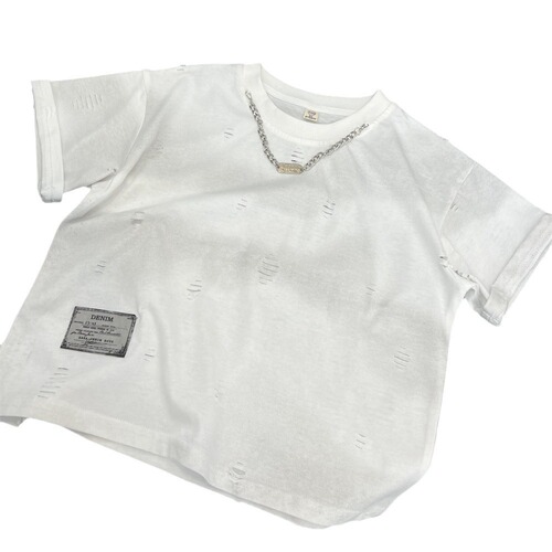 Men's Summer American Style Hole Necklace Short Sleeve T-Shirt Street Casual Children Cut and Tie-Dye Crew Neck Half Sleeve Shirt Trendy