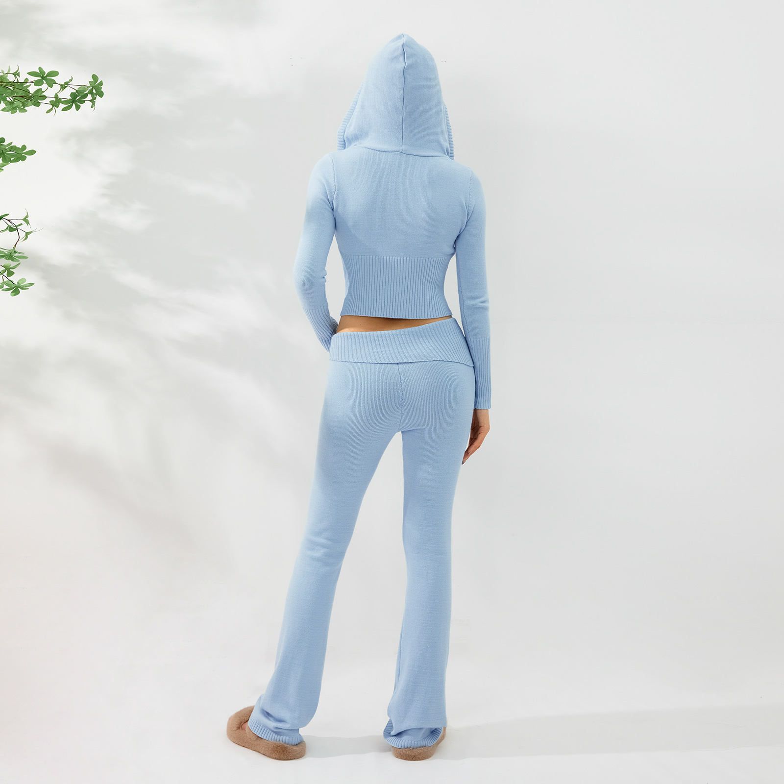 Ensemble deux pièces en tricot à capuche pour femme, pantalon sexy à manches longues et taille haute, à la mode_voghion.com