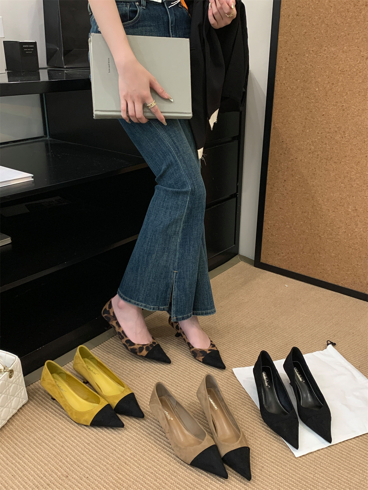 【세금 미포함】여성용 포인티드 토 프렌치 스타일 젠틀 스티치 디테일 슬림 힐 싱글 슈즈, 통근용, 얕은 입구, 고양이굽 하이힐