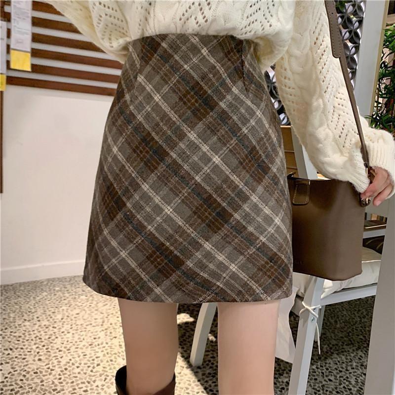 秋季新款胖mm女装毛呢半身裙女2025秋秋包臀格纹中长款a字裙其它|undefined