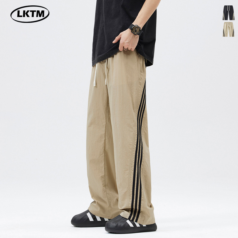 LKTM男装#卡其色三条杠条纹裤子男夏季薄款速干宽松休闲户外长裤