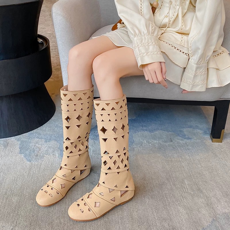 니치 라이트 럭셔리 핸드메이드 여성화, 레트로 여성화, 여성부츠, 소가죽 레트로 중공 구멍 통기성 패션 부츠