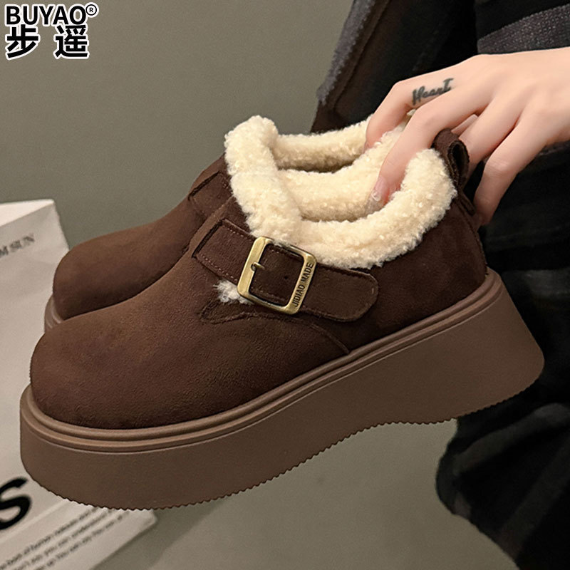 Genuine Leather Wool Version Thick-Soled Birkenstock Shoes for Women, Snow Boots with Added Fleece and Thickened Insulation, Warm Furry Cotton Shoes, Loafers