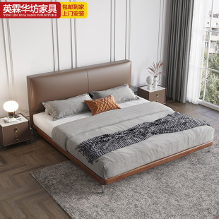 New Style Leather Bed Modern Minimalist Large Black Cowhide Bed Small Apartment Master Bedroom Soft Bag Retro Double Bed Solid Wood Big Bed