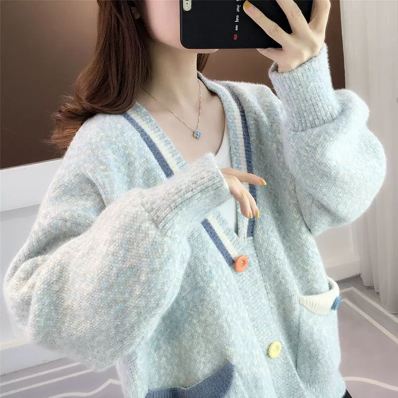 2024秋季新款女士撞色针织开衫女装潮宽松雪尼尔外搭毛衣外套女