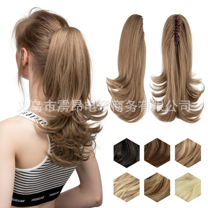 Cross-border high-temperature silk wig women's long hair slightly warped short curly hair grip clip horsetail natural tiger mouth clip fluffy curly hair foreign trade Cross-border high-temperature silk wig women's long hair slightly warped short curly hair grip clip horsetail natural tiger mouth clip fluffy curly hair foreign trade