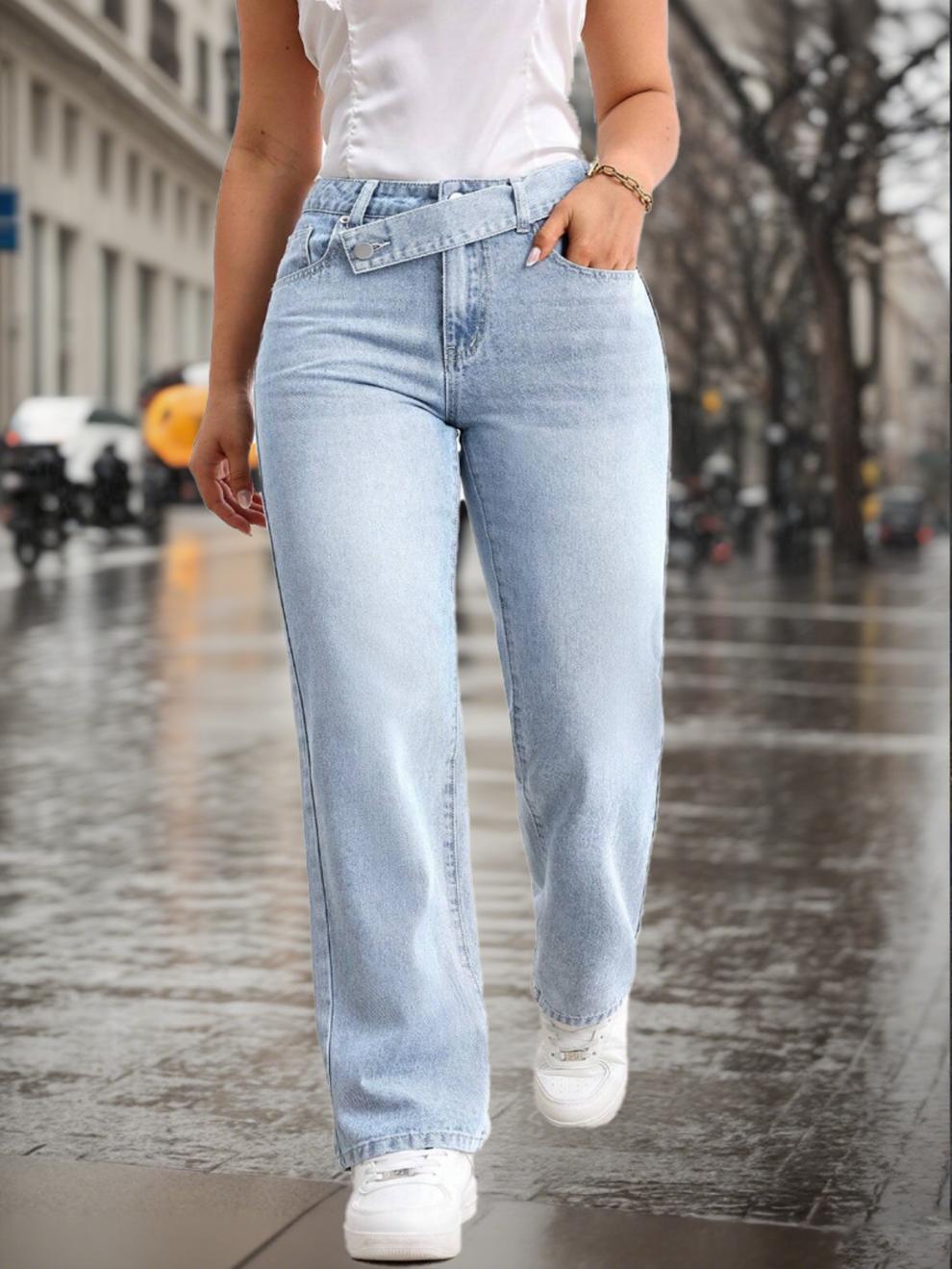 Vaqueros de mujer denim azul claro lavado pierna recta_voghion.com
