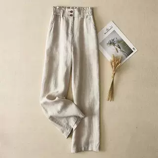 亚麻阔腿裤女高腰垂感春夏薄款休闲棉麻裤子花苞腰亚麻拖地裤