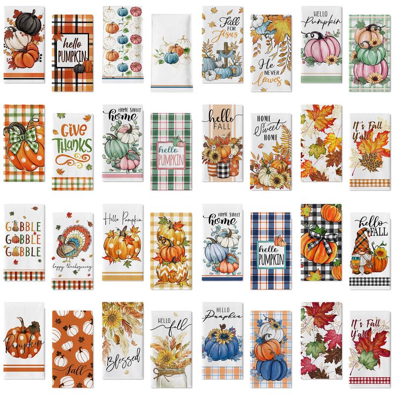 Cross-Border New Autumn Kitchen Dish Towel Orange Pumpkin Turkey Farmhouse Home Family Farmhouse Decorative Towel