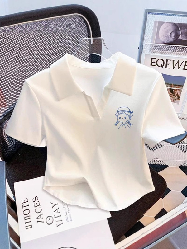 Threaded Cotton White Polo Lapel Right Shoulder Short-Sleeved T-Shirt for Women Summer French Style V Neck Short Versatile Top for Women