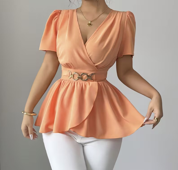 Chemisier luxueux en satin acétate pour femme, col en V, grande taille, ceinture à la taille, effet ventre plat, style estival haut de gamme, blouse décontractée_voghion.com