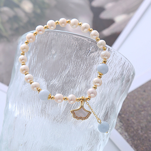 Natural Pearl Necklace for Women - New Arrival with Aquamarine Crystal, Ins Cold Wind, Apricot Leaf Pendant, Mother-of-Pearl Bracelet - Wholesale