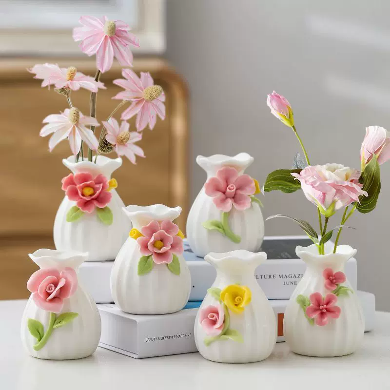 手工捏花陶瓷花器桌面插花装饰品小摆件摆摊生日礼品礼物迷你花瓶