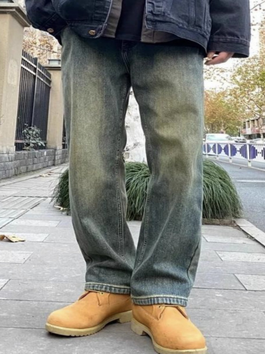 Men's Vintage-Inspired Washed Jeans Streetwear Straight-Leg Pants Drawstring Waist Lightweight Distressed Finish S-5XL_mkmklike.com