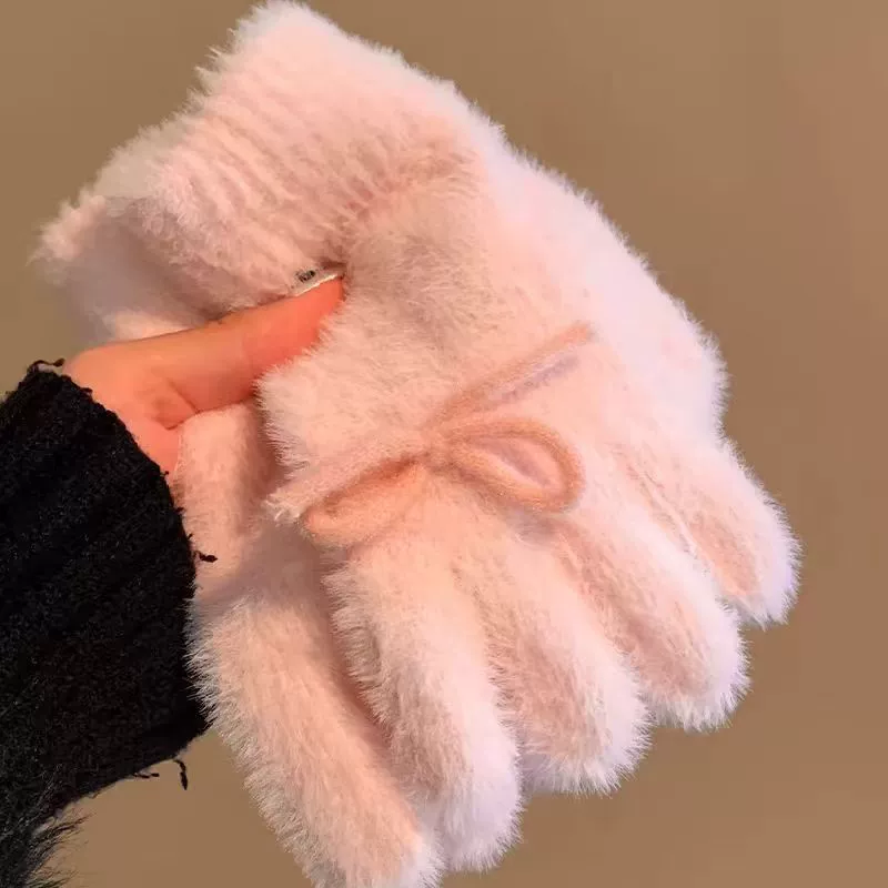 Cute blue knitted velvet gloves with bow, keep warm set
