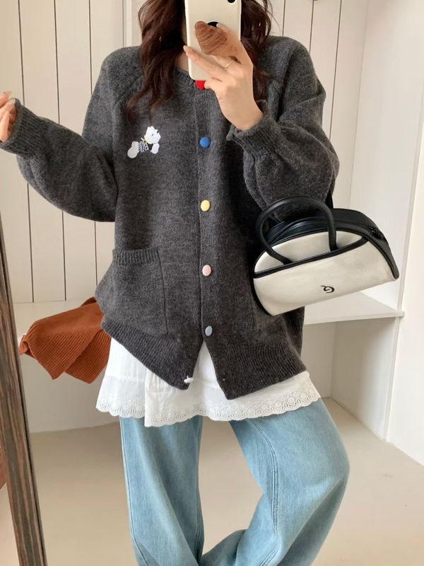 甜美彩扣卡通小狗刺绣针织开衫女2025秋冬新款宽松灯笼袖毛衣外套|undefined