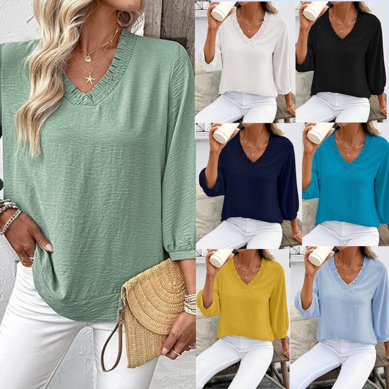 2026 Cross-Border Independent Site Amazon Women's V-Neck Ruffled Top 3/4 Sleeves Loose Casual Shirt for Women