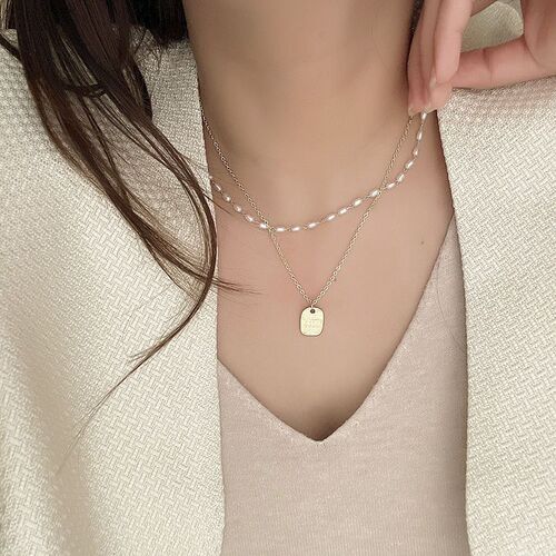 Double layer rice grain pearl necklace women's niche design light luxury sweater chain simple temperament sweater chain wholesale