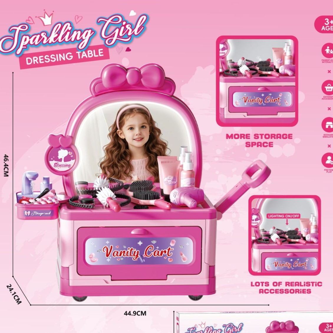Comercio exterior infantil simulación de luces, música, princesa, joyas de maquillaje, tocador, secador de pelo, juguetes de mesa de maquillaje
