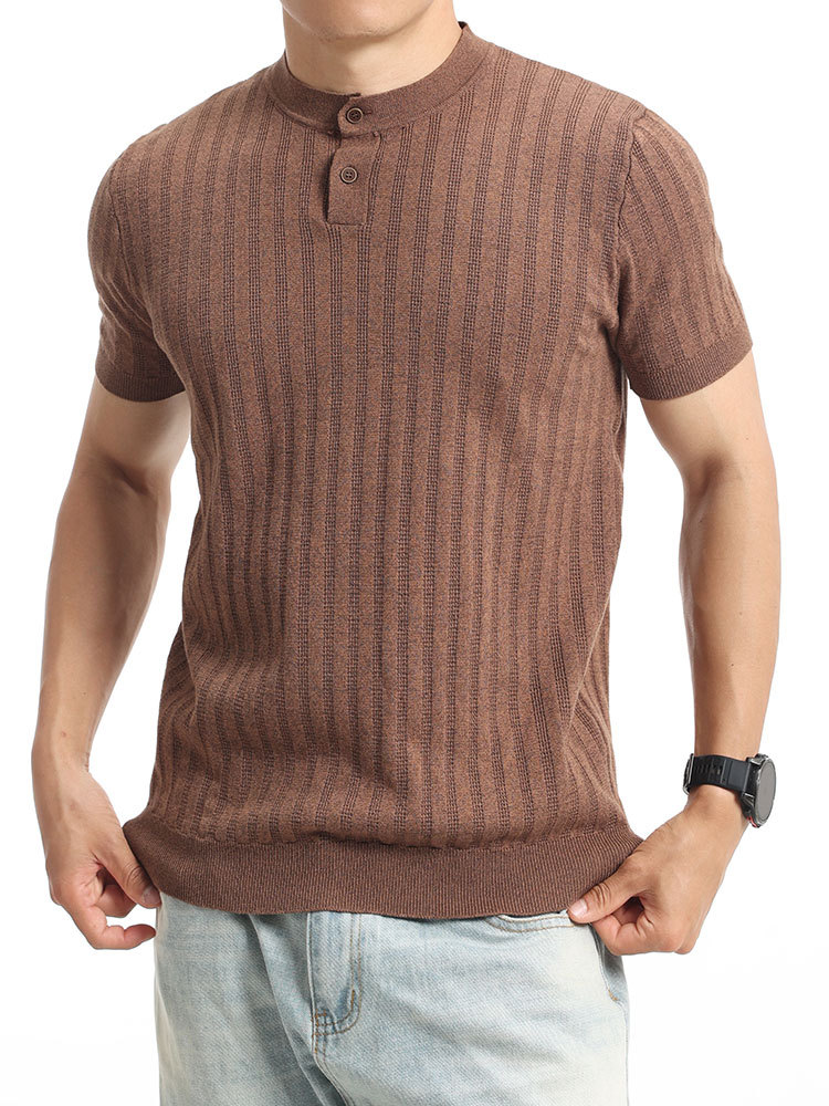 Hombres viejos viento Henry cuello de punto camiseta de hielo de seda de manga corta hombre de verano de negocios casual lujo ligero alto sentido de ropa de hombre
