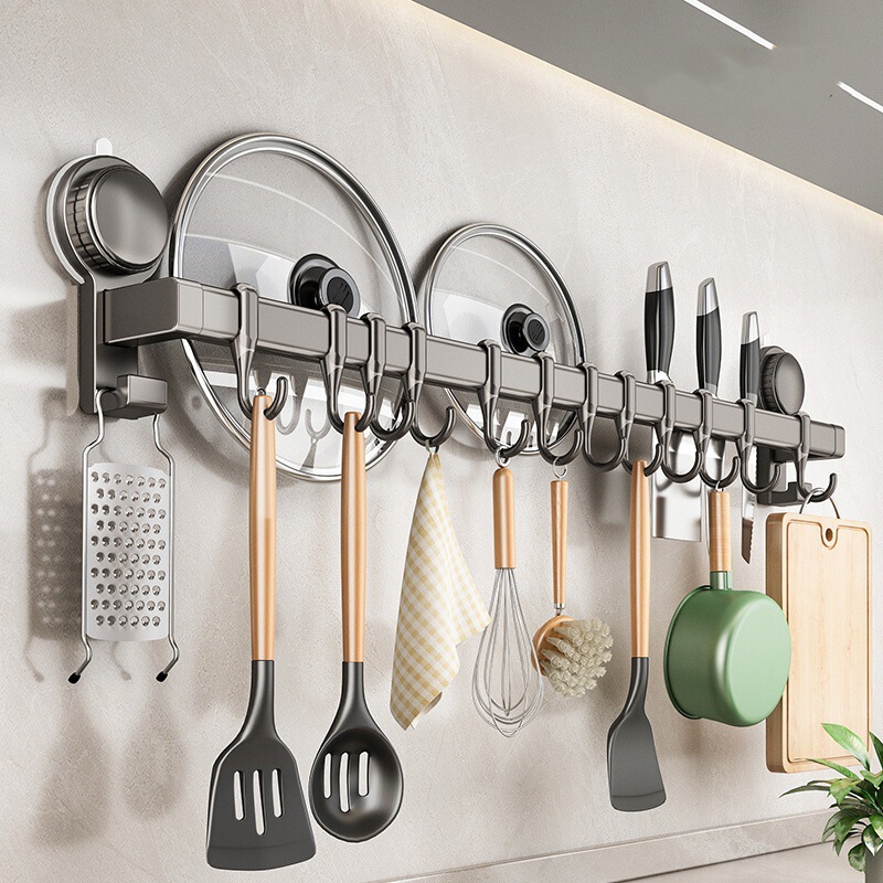 Suction Cup Kitchen Hook, No-Drill Hanging Rod, Integrated Rack for Spatulas, Spoons, and Knives, Wall-Mounted Storage Rack, Space Aluminum