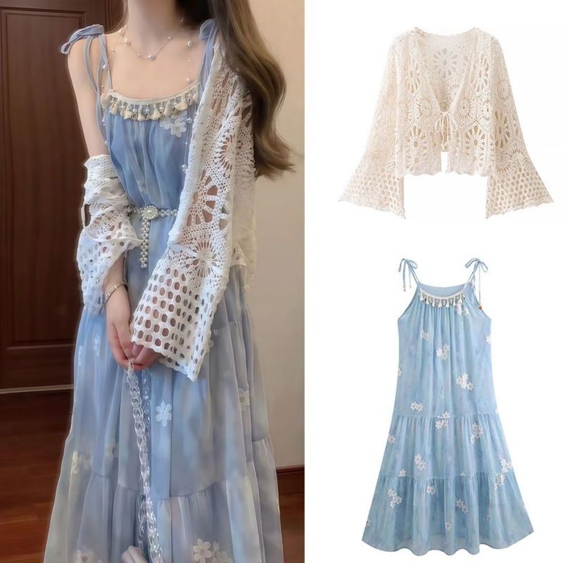 流行法式度假风夏简约绝美碎花吊带连衣裙配镂空针织衫女拍照过膝