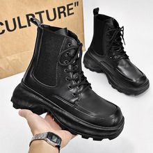 马丁靴男2025新款男鞋黑色皮面高帮英伦风机车皮靴工装靴跨境增高