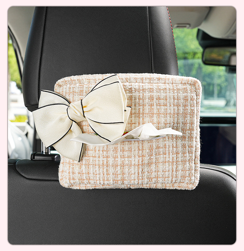 Manufacturer-customized car tissue box, hanging type, cute bow design, multifunctional car tissue box