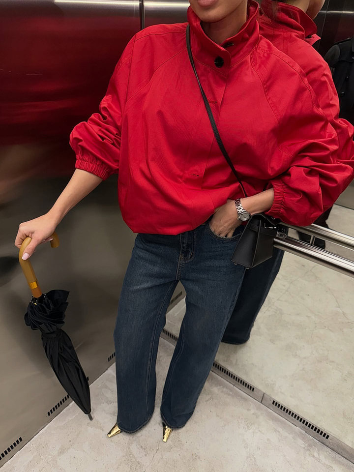 Áo khoác măng tô nữ dáng ngắn cổ đứng khóa kéo phong cách Âu Mỹ — Chất liệu: 55% Polyester, 45% Nylon, Có đủ size, trọng lượng: 320g, màu đỏ chi tiết 3