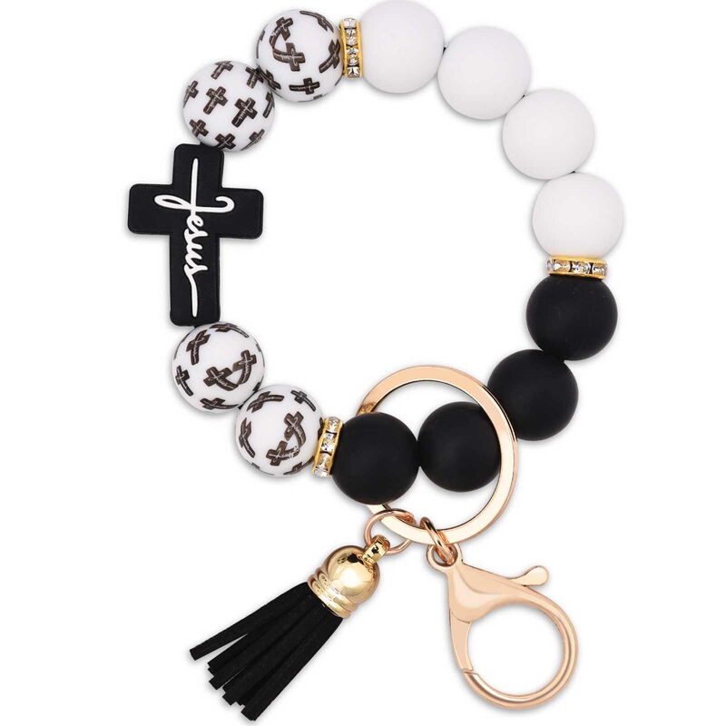 Black and White Silicone Bead Keychain with Cross Letter Tag, Diamond-Encrusted Ring, Tassel Keychain, Silicone Cross Keychain Black and White Silicone Bead Keychain with Cross Letter Tag, Diamond-Encrusted Ring, Tassel Keychain, Silicone Cross Keychain