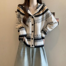 连帽毛衣女费尔岛风复古提花秋冬新款软糯慵懒百搭上衣针织开衫女