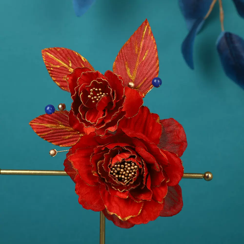 24新款原创设计手工制作烫金边暗红色系牡丹妆造配饰发夹汉服头饰