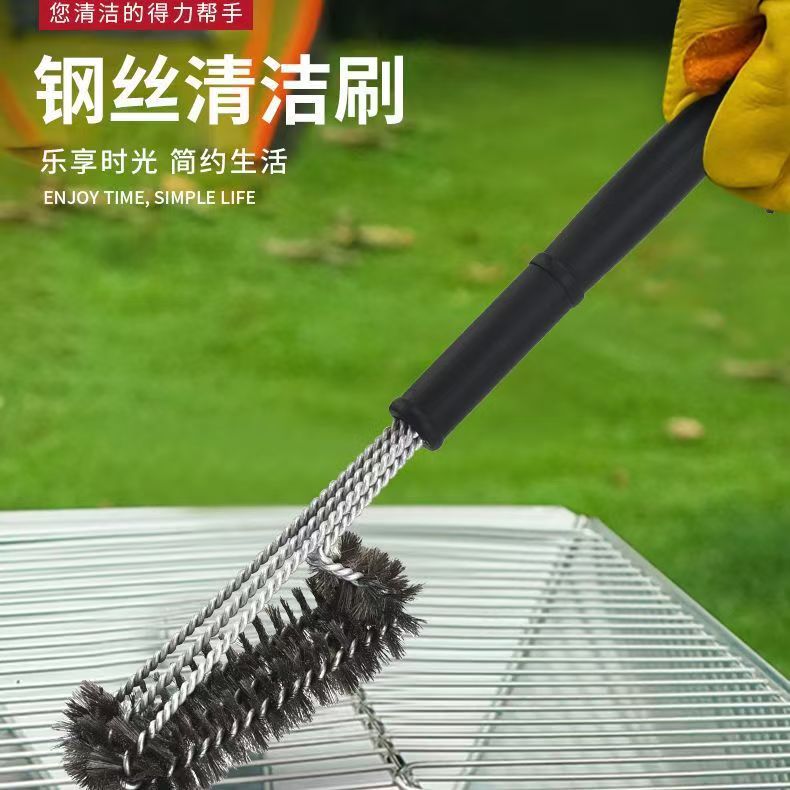 不锈钢烤具清洁刷子bbq户外烧烤钢丝刷三头带刮刀 烤具配件 工具